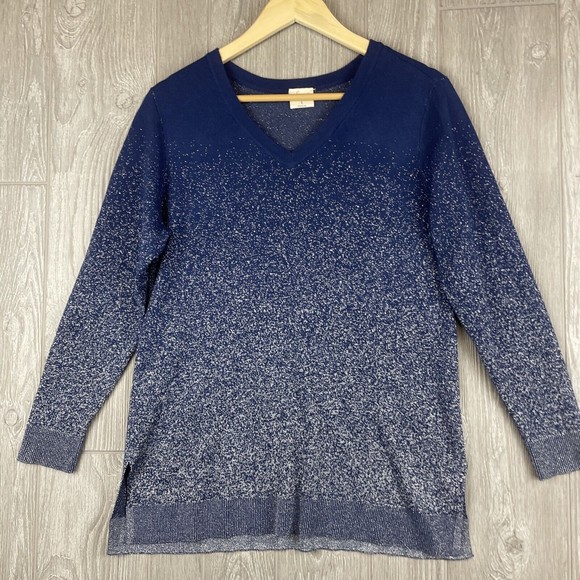 SOMA V-Neck Blue Silver Glitter Lightweight Pullover Sweater Top Womens Sz Small - Picture 1 of 5